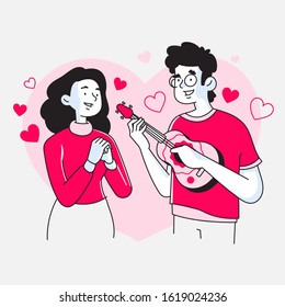 Couple celebrating valentine's day, man or boyfriend playing song on ukulele to impress woman or his girlfriend and makes her happy, hearts in background, vector illustration