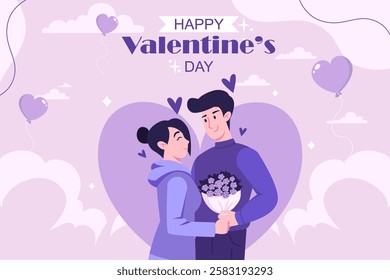 Couple celebrating valentine's day, man or boyfriend gives bouquet of flower to woman or his girlfriend and makes her happy, hearts in background, vector illustration