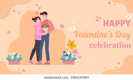 Couple celebrating valentine's day, man or boyfriend gives bouquet of flower to woman or his girlfriend and makes her happy, hearts in background, vector illustration design