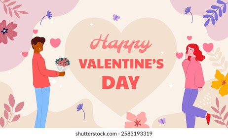 Couple celebrating valentine's day, man or boyfriend gives bouquet of flower to woman or his girlfriend, hearts in background, cartoon vector illustration