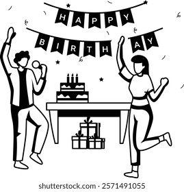 Couple celebrating vector design, special anniversary events card, Cheers to another year banner, indoor Party People scene illustration, Boy Singing and holding karaoke wishing her friend concept