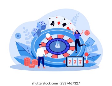 Couple celebrating victory in casino vector illustration. Happy woman dancing on roulette. Money, cards, coins, slot machine, dices around. Gambling resort, casino, entertainment concept