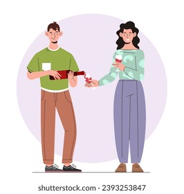 Couple celebrating with wine. Man and woman with bottle and glasses with alcohol. Beverage and alcoholic drinks. Holiday and festival. Cartoon flat vector illustration isolated on white background