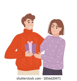 Couple at a celebration, exchange of gifts. People exchange gift boxes. Interesting gifts and joy. Surprise concept. At the holiday, people give gifts to each other. Vector illustration