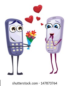 Couple of Cell phones on a date, falling in love, vector illustration