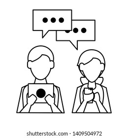 couple with cellphone and laptop and speech bubble icon cartoon vector illustration graphic design black and white