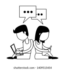 couple with cellphone and laptop and speech bubble icon cartoon vector illustration graphic design