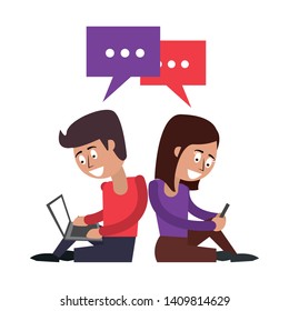 couple with cellphone and laptop and speech bubble icon cartoon vector illustration graphic design