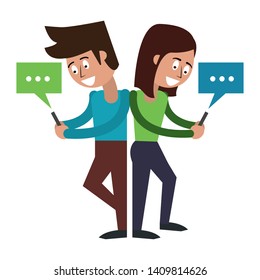 couple with cellphone and speech bubble icon cartoon vector illustration graphic design
