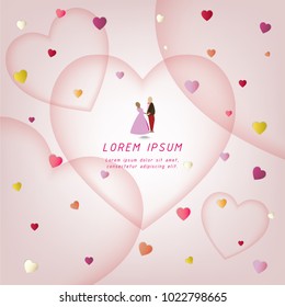 a couple in center of heart layers frame ,colorful heart shape falling,cute vector illustration for greeting card,wedding invitation,anniversary celebration,valentine's day,space for text