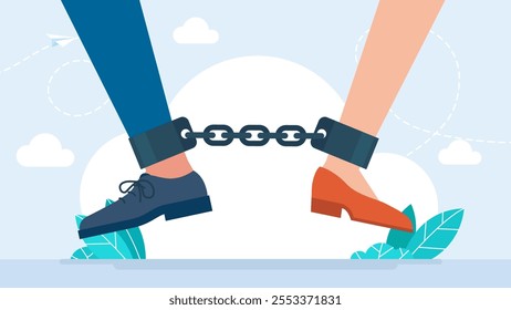 Couple with chain on legs. Husband and wife shackled. Dependence. Divorce of man and woman. Choosing good partner for marriage. Dissolution of spouses after quarrel. Vector illustration