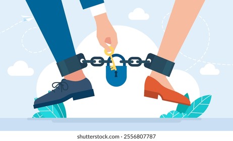 Couple with chain on legs. Husband and wife shackled. Dependence. Divorce of man and woman. A key to open a lock to set people free. Dissolution of spouses after quarrel. Vector illustration