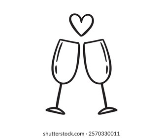Couple of champagne glasses for New Year, Xmas, or Valentines day, marriage doodle hand drawn icon. Outline drawing two glasses cheers line clipart symbol. Vector illustration