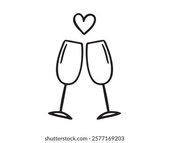 Couple of champagne glasses for New Year, Xmas, or Valentines day, marriage doodle hand drawn icon. Outline drawing two glasses cheers line clipart symbol. Vector illustration