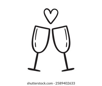 Couple of champagne glasses for New Year, Xmas, or Valentines day, marriage doodle hand drawn icon. Outline drawing two glasses cheers line clipart symbol. Vector illustration
