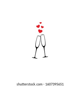 couple of champagne glasses with red hearts isolated on white background. Vector illustration. Holiday, celebration, toast, party. Romantic evening or date. St. Valentine card