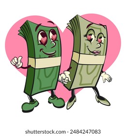 couple character of a bundle of cash money cartoon vector isolated clip art mascot illustration love each other and holding hands, vector work of hand drawn