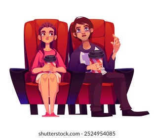 Personaje de la pareja en el asiento del cine y ver la película. Personas en la fecha en el auditorio del teatro viendo el espectáculo. Elemento interior de la silla aislado para el acontecimiento del entretenimiento. Amor de espectador de persona joven