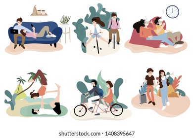 Couple character design with activity on riding bicycle,yoga,walking