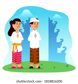 Couple character in front of gate of Bali Hindu temple vector illustration. Suitable for hinduism theme.