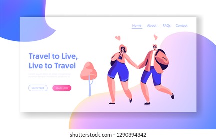 Couple Character Love Travel Landing Page Template. Happy Hipster People Summer Vacation with Backpack and Camera Concept for Website or Web Page. Flat Cartoon Vector Illustration