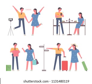 A couple character showing various actions in a travel destination. flat design style vector graphic illustration set