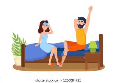 Couple character waking up in the morning together. People in the bed. Young adult awake. Isolated flat vector illustration