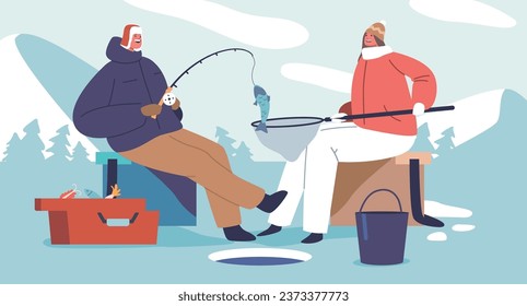 Couple Characters, Bundled In Warm Winter Gear, Sitting Face To Face On A Frozen Lake, Rods In Hands, Smiling
