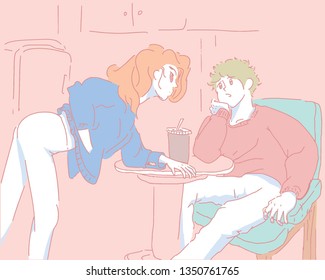Couple characters in cafe. Outline drawing in cartoon style hand drawn style vector design illustrations. 