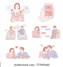 Couple characters dating on smart phones hand drawn style vector doodle design illustrations.