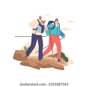 Couple Characters Enjoy Adventure Of Hiking In Mountains With Furry Friend Comfortably Nestled In Backpack