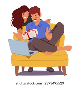Couple Characters Exchange Thoughtful Gifts, Laughter Echoes As A Smiles Reveal The Joy Of Giving And Receiving, Creating A Heartwarming Moment In Their Shared Celebration. Cartoon Vector Illustration