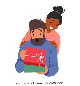 Couple Characters Exchanges Gifts, Sparkling Anticipation In Their Eyes. Ribbons Unravel, Laughter Dances. Love Wrapped In Surprises, A Celebration Of Shared Joy. Cartoon People Vector Illustration