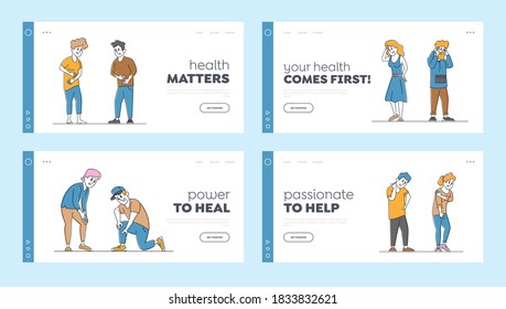 Couple Characters Feeling Different Kinds of Pain Landing Page Template Set. People Suffer of Ache in Knee, Neck, Back, Head and Stomach. Health Problems, Disease Symptoms. Linear Vector Illustration