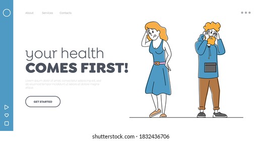 Couple Characters Feeling Head Ache Landing Page Template. Man and Woman with Pain. Health Problem, Disease Symptoms and Body Sickness. Result of Stress or Booze. Linear People Vector Illustration