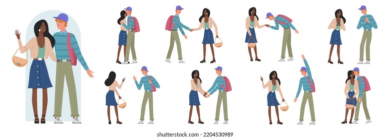 Couple characters greeting together in different poses set vector illustration. Cartoon young man and woman hug and kiss with love, happy two people use welcome and cheer gestures isolated on white
