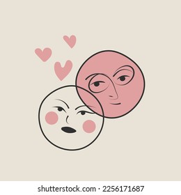 Couple of characters in love, funny vector faces of man and woman. Cartoon heads of guy and girl, love, romance, wedding