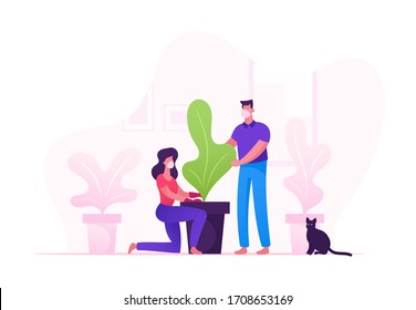 Couple Characters in Medical Mask Care of Houseplants. Man and Woman Cultivating Potted Plant at Home Enjoying Gardening at Covid19 Pandemic Quarantine Isolation. Cartoon People Vector Illustration