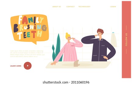 Couple Characters Morning Hygiene Landing Page Template. Young Woman and Man Stand in Bathroom and Brushing Teeth after Bath or Shower, Toothbrushing Routine. Cartoon People Vector Illustration