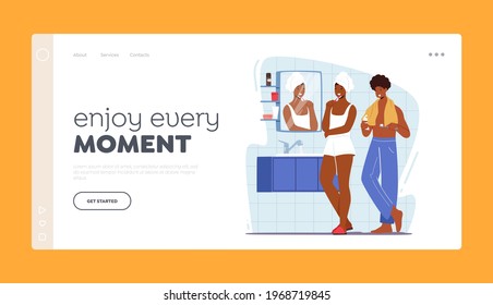 Couple Characters Morning Hygiene Procedure, Toothbrushing Routine Landing Page Template. Young Woman and Man Stand front of Mirror in Bathroom Teeth. Cartoon People Vector Illustration