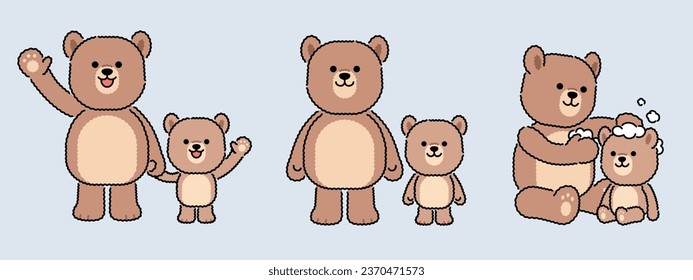 Couple characters of mother and baby bears with fluffy fur. The poses they're waving, greeting, standing and washing