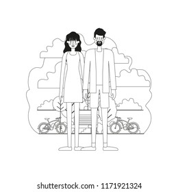couple characters in the park with bicycle