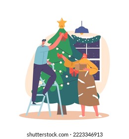 Couple Characters Preparing for New Year and Xmas Celebration. Happy Man and Woman Decorating Christmas Tree Put Bows on Branches and Star on Top. Winter Season Holidays. Cartoon Vector Illustration