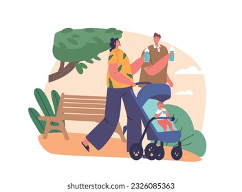 Couple Characters Push A Baby Stroller While Enjoying A Refreshing Drink Of Water, Combining The Joy Of Parenthood
