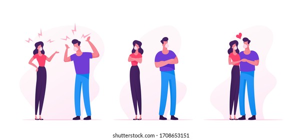 Couple Characters Quarrel, Swear during Covid19 Pandemic Quarantine Self Isolation. Man and Woman in Medical Mask Fighting. Family Scandal between Husband and Wife. Cartoon People Vector Illustration