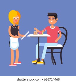 Couple of characters in the restaurant or in the cafe, she is a waitress, he is making order. vector flat design illustration.
