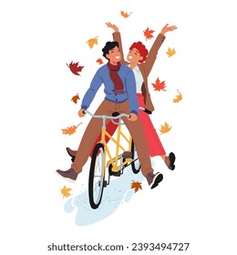 Couple Characters Rides A Bicycle In The Crisp Autumn Breeze, Adorned With Falling Leaves, Laughter Echoing. Warm Hues Surround Them, Painting A Picturesque Scene Of Seasonal Joy And Togetherness