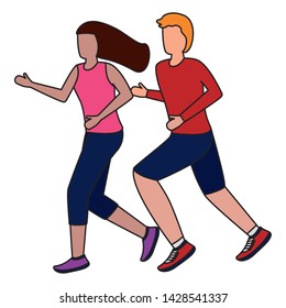 couple characters running activity on white background vector illustration