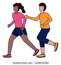 couple characters running activity on white background vector illustration