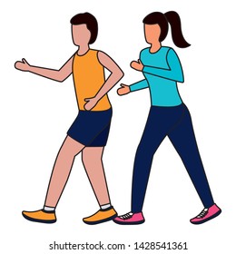 couple characters running activity on white background vector illustration